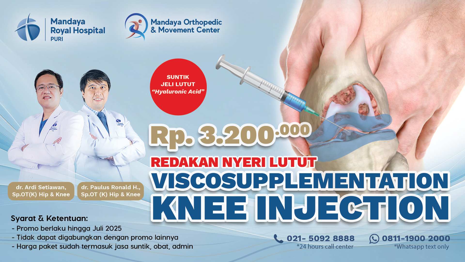 Promo Paket Suntik Jeli Lutut 2025, Redakan Nyeri Sendi Tanpa Operasi – Mandaya Royal Hospital Puri