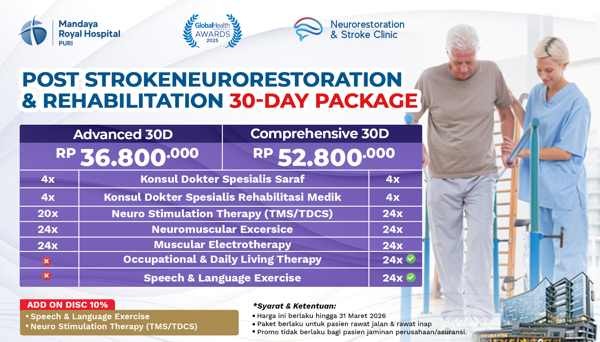 Paket Program Rehab Pasca Stroke 30 Hari 2026 (Advanced 30D & Comprehensive 30D) – Mandaya Royal Hospital Puri